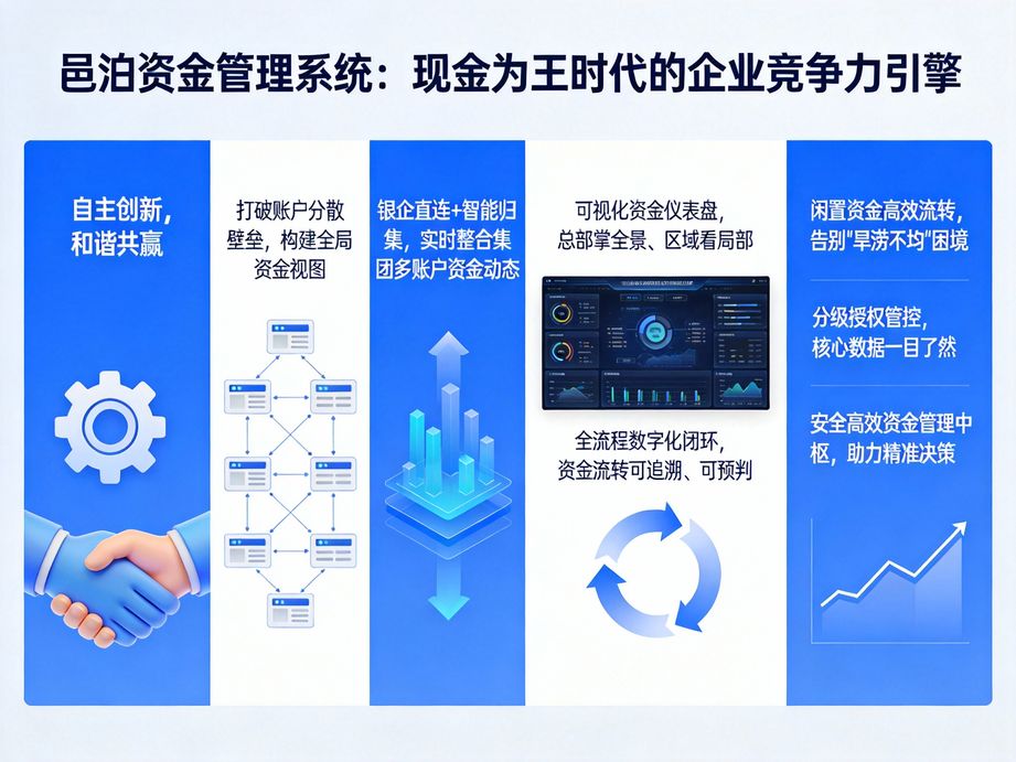 邑泊適配集團(tuán)企業(yè)發(fā)展需求，資金管理系統(tǒng)實(shí)現(xiàn)跨區(qū)域、跨子公司資金調(diào)撥，高效統(tǒng)籌集團(tuán)整體資金資源。