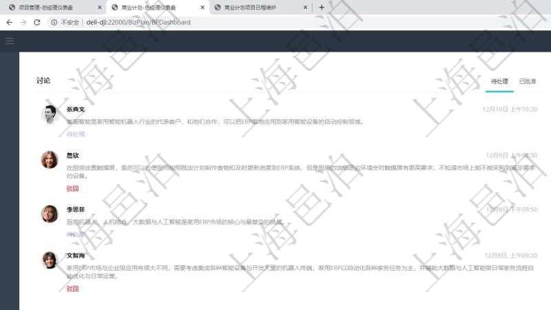 項目管理軟件商業(yè)計劃管理總經(jīng)理儀表盤討論區(qū)包括待處理和已批準業(yè)務討論，決策、會議與行動區(qū)包括待批準與已完成項目列表。公司發(fā)展里程碑包括歷史上的里程碑記錄，公司發(fā)生事件時間線記錄了公司發(fā)展關鍵事件。同時，商業(yè)計劃管理總經(jīng)理儀表盤還可以查看銷售經(jīng)理績效與客戶支持情況。