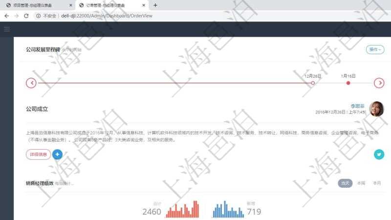 項(xiàng)目管理軟件訂單管理總經(jīng)理儀表盤可以查看公司發(fā)展里程碑與公司關(guān)鍵事件時(shí)間線。銷售經(jīng)理統(tǒng)計(jì)表列出了不同銷售經(jīng)理訂單銷售的業(yè)績?？蛻糁С置骷?xì)列出了客服代表客戶服務(wù)的明細(xì)信息。訂單統(tǒng)計(jì)與機(jī)房運(yùn)營統(tǒng)計(jì)分別對系統(tǒng)業(yè)務(wù)運(yùn)營情況和技術(shù)運(yùn)營情況進(jìn)行了整體統(tǒng)計(jì)。