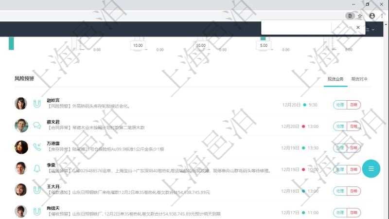 項目管理軟件現(xiàn)貨管理總經理儀表盤種類比率餅圖顯示不同品種合同金額分布?？蛻艉贤瀳D顯示不同合同金額分布。業(yè)務處理可以進行現(xiàn)貨業(yè)務及期貨對沖。風險預警包括現(xiàn)貨業(yè)務與期貨對沖。
