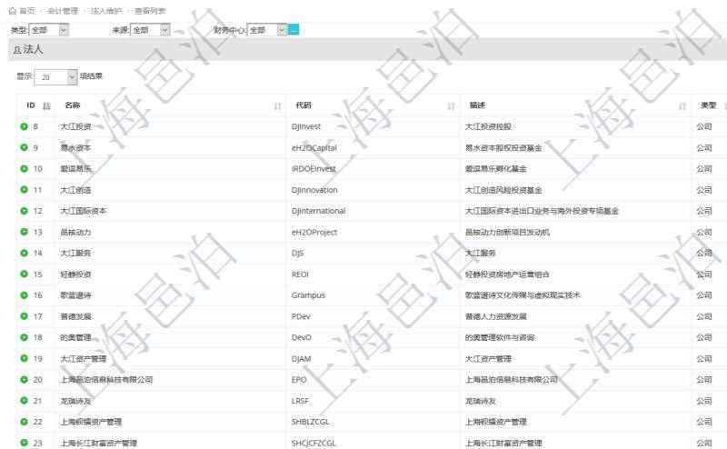 在項(xiàng)目管理軟件會(huì)計(jì)管理模塊，查詢法人維護(hù)列表時(shí)返回的明細(xì)信息字段包括：法人名稱、法人代碼、法人描述、法人類型、來(lái)源、是否內(nèi)部法人、法人財(cái)務(wù)中心等信息。