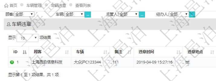 在項目管理軟件車輛管理系統(tǒng)中查詢車輛違章列表返回車輛、備注、違章時間、違章地點、主管人、經(jīng)辦人、司機(jī)姓名、罰款金額、扣分、處理時間等信息。