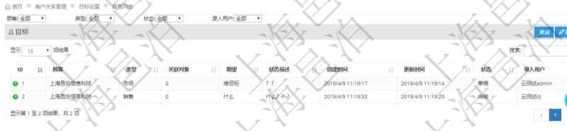查詢項(xiàng)目管理軟件CRM客戶關(guān)系管理模塊目標(biāo)設(shè)置列表返回的字段信息有：目標(biāo)類型、關(guān)聯(lián)對(duì)象、期望目標(biāo)、狀態(tài)描述、創(chuàng)建時(shí)間、更新時(shí)間、目標(biāo)狀態(tài)、錄入用戶。