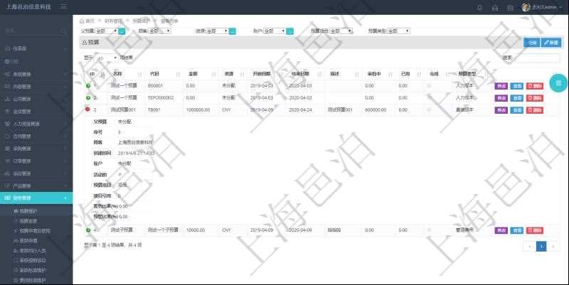 通過項(xiàng)目管理軟件財(cái)務(wù)管理模塊可以維護(hù)和查詢財(cái)務(wù)預(yù)算維護(hù)列表信息，比如：預(yù)算名稱、預(yù)算代碼、預(yù)算金額、貨幣單、開始日期、結(jié)束日期、描述、審批中預(yù)算、已用預(yù)算、是否完成、預(yù)算類型、父預(yù)算、序號(hào)、創(chuàng)建時(shí)間、賬戶、是否激活、預(yù)算項(xiàng)目、項(xiàng)目引用、警報(bào)比率、預(yù)警比率。