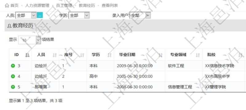 通過項(xiàng)目管理軟件人力資源管理系統(tǒng)可以查詢得到員工教育經(jīng)歷信息：人員、序號、學(xué)歷、畢業(yè)日期、專業(yè)領(lǐng)域、院校、錄入時(shí)間、錄入用戶等。