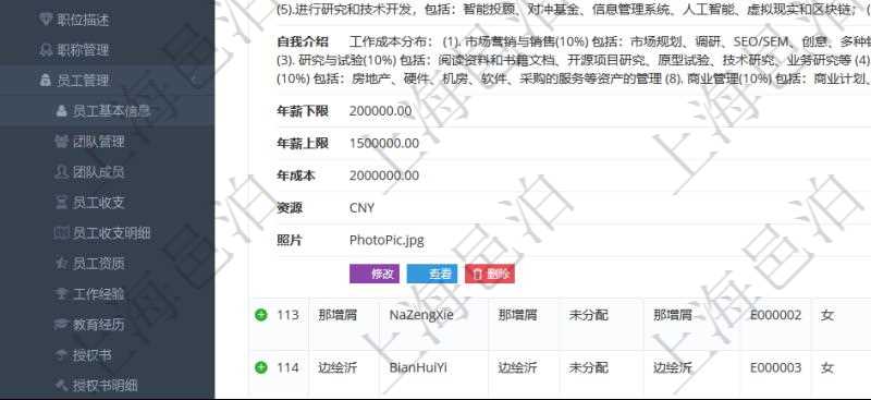 項目管理軟件人力資源管理模塊查詢列表可以查詢返回員工基本信息資料，比如：姓名、代碼、描述、財務(wù)人、登錄賬戶、工號、性別、生日、入職日期、學歷、崗位、職稱、電話、傳真、電子郵件、單位、部門、直接主管、在職狀態(tài)、負責領(lǐng)域、標簽、崗位職責、自我介紹、年薪下限、年薪上限、年成本、資源、照片等。