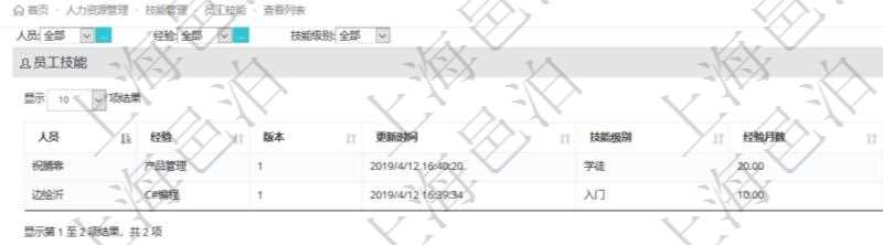 在項(xiàng)目管理軟件里，人力資源管理模塊可以查詢員工技能配置信息，比如：人員、經(jīng)驗(yàn)、版本、更新時間、技能級別、經(jīng)驗(yàn)月數(shù)等。