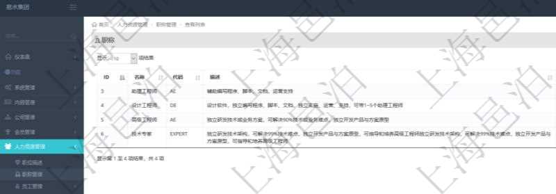 項(xiàng)目管理軟件人力資源管理職稱管理查詢列表可以查詢維護(hù)職稱配置信息，比如包括：ID、名稱、代碼、描述與分類等。