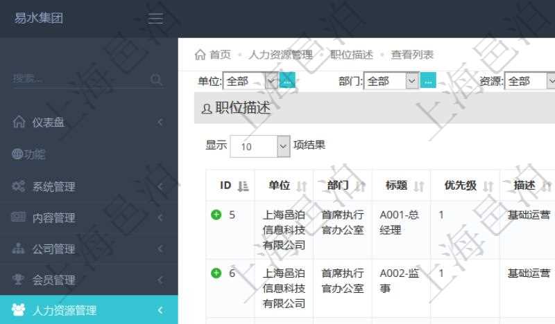 項目管理軟件人力資源管理職位描述查詢返回系統(tǒng)中維護的所有職位的列表及明細信息，明細信息包括：單位、部門、職位名稱標題、招聘或重要度優(yōu)先級、分類概述、年薪下限、年薪上線、職位年成本、計價貨幣、目標數(shù)量、在職數(shù)量、職位描述等。