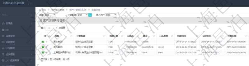 在項目管理軟件MES生產制造管理系統(tǒng)中查詢生產計劃執(zhí)行日志列表返回計劃配置、周期天數(shù)、總成本、備注、日志類型、創(chuàng)建時間、記錄時間、開始日期、結束日期、錄入用戶。