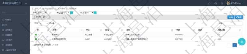在項目管理軟件MES生產(chǎn)制造管理系統(tǒng)中查詢生產(chǎn)計劃列表返回單位、部門、名稱、代碼、描述、周期天數(shù)。