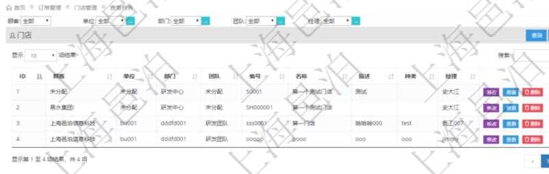在項目管理軟件里可通過訂單管理系統(tǒng)查詢返回門店列表信息，比如：單位、部門、團隊、編號、名稱、描述、種類及門店經理。