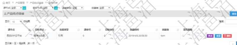 在項(xiàng)目管理軟件里可通過產(chǎn)品管理系統(tǒng)查詢返回產(chǎn)品結(jié)點(diǎn)鏈接列表信息，比如：：源結(jié)點(diǎn)、目標(biāo)結(jié)點(diǎn)、連接類型、源序號(hào)、目標(biāo)序號(hào)、連接時(shí)間、創(chuàng)建者、是否刪除等。