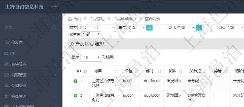 在項目管理軟件里可通過產(chǎn)品管理系統(tǒng)查詢返回產(chǎn)品結(jié)點維護列表信息，比如：：單位、部門、團隊、父節(jié)點、序號、初始根節(jié)點、結(jié)點類型、結(jié)點名稱、描述、創(chuàng)建時間、更新時間、關(guān)鍵字、創(chuàng)建者、擁有者。