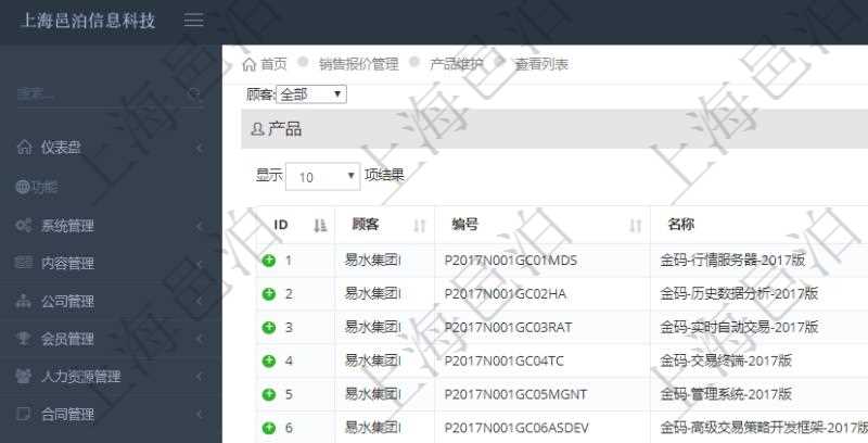 通過項目管理軟件銷售報價管理系統(tǒng)可以查詢維護(hù)報價產(chǎn)品信息：產(chǎn)品編號、產(chǎn)品名稱、產(chǎn)品描述、產(chǎn)品種類、產(chǎn)品單價、產(chǎn)品最低價、產(chǎn)品成本、產(chǎn)品數(shù)量、產(chǎn)品單位等。