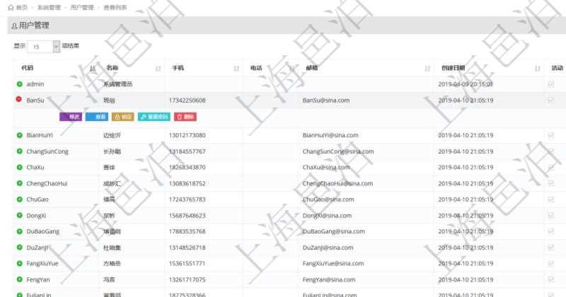 用戶管理查詢可以查到項目管理軟件中的用戶信息列表，包括：用戶登錄代碼、名稱、手機、電話、郵箱、創(chuàng)建日期、激活狀態(tài)等?？梢詫τ脩暨M(jìn)行修改、查看、鎖定、解鎖、重置密碼和刪除等操作。