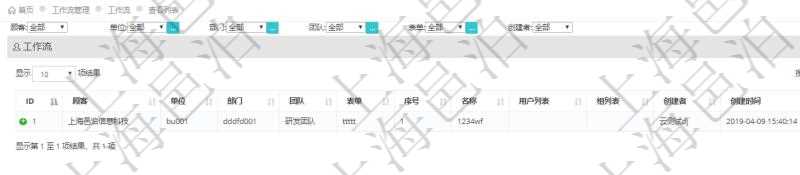 在項目管理軟件工作流管理系統(tǒng)查詢工作流列表返回單位、部門、團隊、表單、序號、名稱、用戶列表、組列表、創(chuàng)建者、創(chuàng)建時間、激活狀態(tài)。