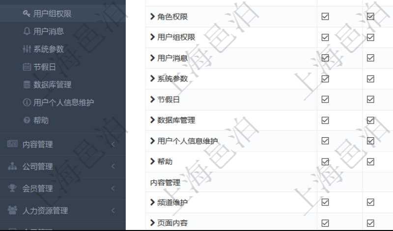 可通過勾選設(shè)置用戶組中用戶訪問系統(tǒng)功能模塊的權(quán)限，比如每個頁面的功能使用、列表查詢、明細查看、新建、更新、刪除等操作權(quán)限，也可以針對每個功能特定的操作和業(yè)務(wù)流程設(shè)置權(quán)限，比如：用戶管理的導(dǎo)入用戶與導(dǎo)出表格功能。