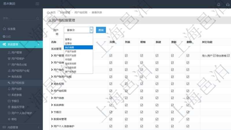 可通過勾選設(shè)置用戶組中用戶訪問系統(tǒng)功能模塊的權(quán)限，比如每個頁面的功能使用、列表查詢、明細查看、新建、更新、刪除等操作權(quán)限，也可以針對每個功能特定的操作和業(yè)務(wù)流程設(shè)置權(quán)限，比如：用戶管理的導入用戶與導出表格功能。