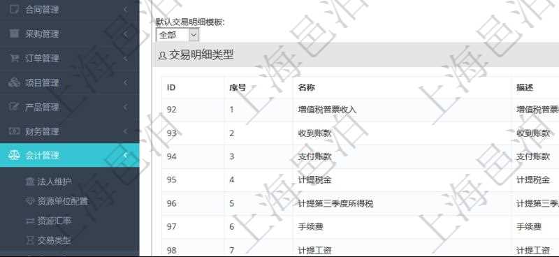 項目管理軟件會計管理模塊交易明細類型查詢還可以關聯(lián)查詢更多相關資料，比如子交易明細類型：序號、子交易明細類型名稱、描述、默認交易明細模板。