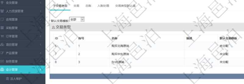 項(xiàng)目管理軟件會(huì)計(jì)管理模塊交易類型查詢還可以關(guān)聯(lián)查詢更多相關(guān)資料，比如子交易類型：序號(hào)、子交易類型名稱、描述、默認(rèn)交易模板。
