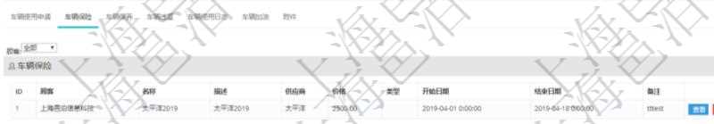 在項(xiàng)目管理軟件車輛管理系統(tǒng)查詢車輛信息還會(huì)返回關(guān)聯(lián)的車輛保險(xiǎn)信息：名稱、描述、供應(yīng)商、價(jià)格、類型、開(kāi)始日期、結(jié)束日期、備注。