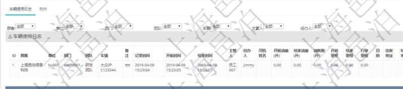 在項(xiàng)目管理軟件車輛管理系統(tǒng)查詢車輛使用申請(qǐng)明細(xì)信息還會(huì)返回關(guān)聯(lián)的車輛使用日志列表：?jiǎn)挝?、部門、團(tuán)隊(duì)、車輛、備注、記錄時(shí)間、開始時(shí)間、結(jié)束時(shí)間、主管人、經(jīng)辦人、司機(jī)姓名、開始油量、結(jié)束油量、油耗數(shù)、開始里程、結(jié)束里程、行駛里程、目的、出發(fā)地址、結(jié)束地址。