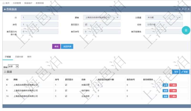 項目管理軟件的內(nèi)容管理集成了網(wǎng)站內(nèi)容發(fā)布模塊，可通過頻道維護內(nèi)容網(wǎng)站頁面的不同板塊。查詢頻道明細信息的時候，可以附帶查詢和管理子頻道信息?？梢圆榭春途S護子頻道信息：序號、是否顯示還是隱藏、頻道名稱、首頁顯示內(nèi)容個數(shù)、首頁排序序號、首頁背景色等。