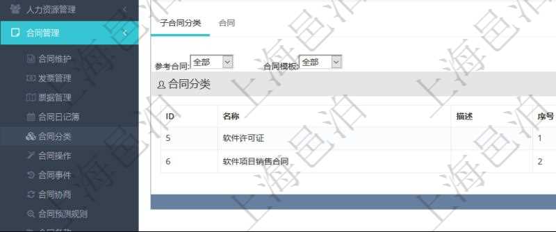 項(xiàng)目管理軟件合同管理模塊合同分類明細(xì)查詢還可以關(guān)聯(lián)查詢更多相關(guān)資料，比如子合同分類：子合同分類名稱、描述、序號(hào)、參考合同、合同模板等。