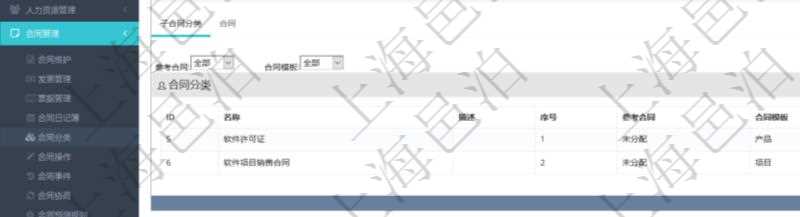 項目管理軟件合同管理模塊合同分類明細查詢還可以關聯(lián)查詢更多相關資料，比如子合同分類：子合同分類名稱、描述、序號、參考合同、合同模板等。