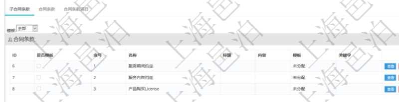 項(xiàng)目管理軟件合同管理模塊合同條款明細(xì)查詢還可以關(guān)聯(lián)查詢更多相關(guān)資料，比如該合同條款的所子合同條款：是否模板、序號(hào)、子合同條款名稱、子合同條款標(biāo)題、子合同條款內(nèi)容、子合同條款模板、關(guān)鍵字等。