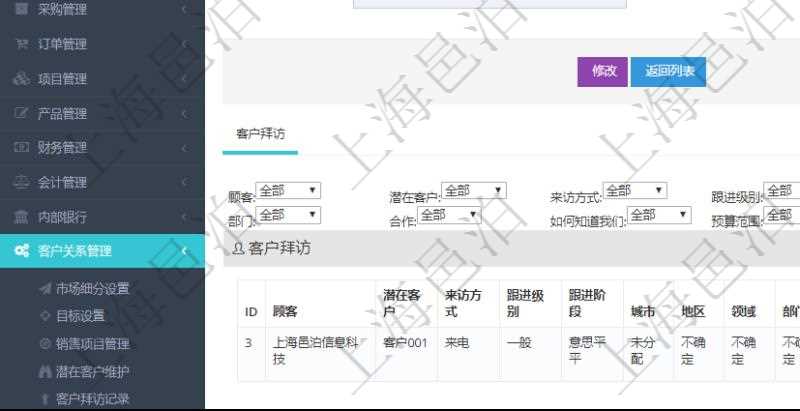 在項(xiàng)目管理軟件CRM客戶關(guān)系管理系統(tǒng)中，查詢客戶項(xiàng)目時(shí)除了返回實(shí)際客戶項(xiàng)目信息外，還包括客戶項(xiàng)目的拜訪記錄：潛在客戶、來(lái)訪方式、跟進(jìn)級(jí)別、跟進(jìn)階段、城市、地區(qū)、領(lǐng)域、部門、合作方式、如何知道我們、預(yù)算范圍、聯(lián)系目標(biāo)、簽約概率、溝通細(xì)節(jié)、來(lái)訪時(shí)間、價(jià)格反應(yīng)及認(rèn)知途徑等。