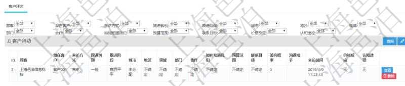 在項目管理軟件CRM客戶關(guān)系管理系統(tǒng)中，查詢客戶項目時除了返回實際客戶項目信息外，還包括客戶項目的拜訪記錄：潛在客戶、來訪方式、跟進(jìn)級別、跟進(jìn)階段、城市、地區(qū)、領(lǐng)域、部門、合作方式、如何知道我們、預(yù)算范圍、聯(lián)系目標(biāo)、簽約概率、溝通細(xì)節(jié)、來訪時間、價格反應(yīng)及認(rèn)知途徑等。