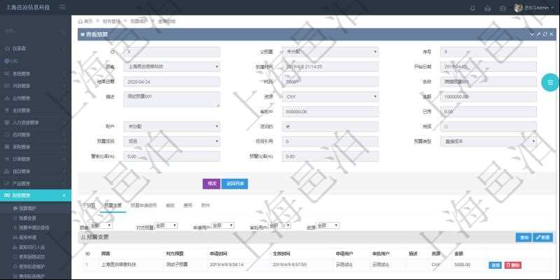 項目管理軟件財務管理模塊預算維護明細查詢還可以關聯(lián)查詢更多相關資料，比如預算變更：對方預算、申請時間、生效時間、申請用戶、審批用戶、描述、貨幣單位、金額。