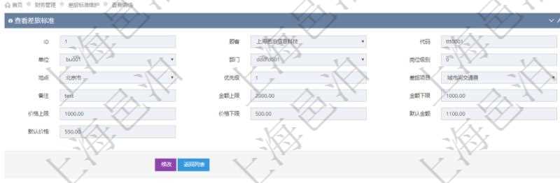 項(xiàng)目管理軟件財(cái)務(wù)管理系統(tǒng)差旅標(biāo)準(zhǔn)查詢列表返回差旅標(biāo)準(zhǔn)代碼、單位、部門、崗位級(jí)別、地點(diǎn)、優(yōu)先級(jí)、差旅項(xiàng)目、備注、金額上限、金額下限、價(jià)格上限、價(jià)格下限、默認(rèn)金額、默認(rèn)價(jià)格。
