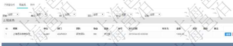 在項(xiàng)目管理軟件房地產(chǎn)管理系統(tǒng)查詢(xún)房屋空間明細(xì)除了返回基本配置信息外，還會(huì)返回關(guān)聯(lián)的現(xiàn)金流信息：?jiǎn)挝?、部門(mén)、團(tuán)隊(duì)、物業(yè)、設(shè)施、序號(hào)、發(fā)生日期、對(duì)手方、金額、名稱(chēng)、描述、備注。