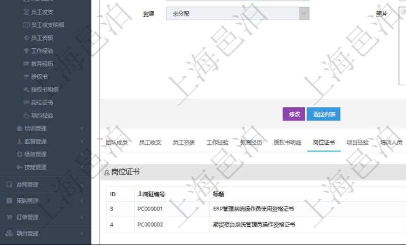 項(xiàng)目管理軟件人力資源管理模塊員工基本信息資料明細(xì)查詢還可以關(guān)聯(lián)查詢更多相關(guān)資料，比如上崗證編號(hào)、標(biāo)題、描述、生效日期、終止日期等。