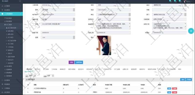 項目管理軟件人力資源管理模塊員工基本信息資料明細(xì)查詢還可以關(guān)聯(lián)查詢更多相關(guān)資料，比如團(tuán)隊成員子頁面可以返回員工在不同團(tuán)隊的信息，比如：團(tuán)隊名稱、團(tuán)隊序號、人員序號、職責(zé)、年成本下限、年成本上限、年成本、貨幣單位資源等。
