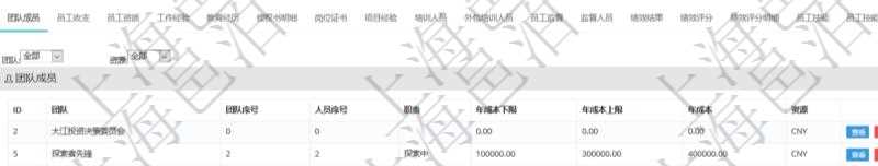 項(xiàng)目管理軟件人力資源管理模塊員工基本信息資料明細(xì)查詢還可以關(guān)聯(lián)查詢更多相關(guān)資料，比如團(tuán)隊(duì)成員子頁面可以返回員工在不同團(tuán)隊(duì)的信息，比如：團(tuán)隊(duì)名稱、團(tuán)隊(duì)序號(hào)、人員序號(hào)、職責(zé)、年成本下限、年成本上限、年成本、貨幣單位資源等。