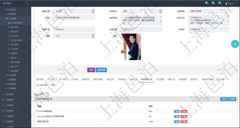 項目管理軟件人力資源管理模塊員工基本信息資料明細查詢還可以關聯(lián)查詢更多相關資料，比如參加過的外包培訓及評價。