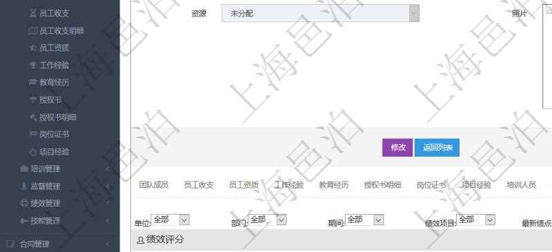 項(xiàng)目管理軟件人力資源管理模塊員工基本信息資料明細(xì)查詢還可以關(guān)聯(lián)查詢更多相關(guān)資料，比如績(jī)效評(píng)分：?jiǎn)挝?、部門、期間、人力資源類型、人力團(tuán)隊(duì)資源、版本、績(jī)效項(xiàng)目、一級(jí)分類權(quán)重、二級(jí)分類權(quán)重、三級(jí)分類權(quán)重、績(jī)效項(xiàng)目權(quán)重、更新時(shí)間等。