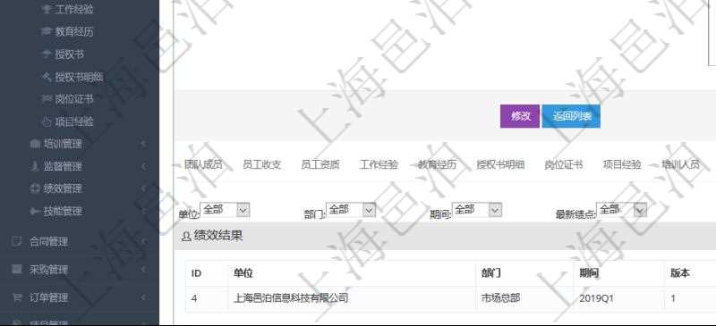 項(xiàng)目管理軟件人力資源管理模塊員工基本信息資料明細(xì)查詢還可以關(guān)聯(lián)查詢更多相關(guān)資料，比如績效結(jié)果：單位、部門、期間、版本、更新時(shí)間、最新績點(diǎn)、最新原始績點(diǎn)、備注等。