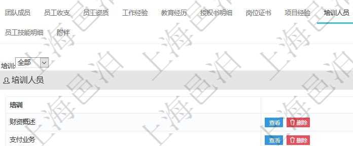 項(xiàng)目管理軟件人力資源管理模塊員工基本信息資料明細(xì)查詢(xún)還可以關(guān)聯(lián)查詢(xún)更多相關(guān)資料，比如參加過(guò)的培訓(xùn)。