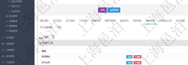 項(xiàng)目管理軟件人力資源管理模塊員工基本信息資料明細(xì)查詢還可以關(guān)聯(lián)查詢更多相關(guān)資料，比如參加過的培訓(xùn)。
