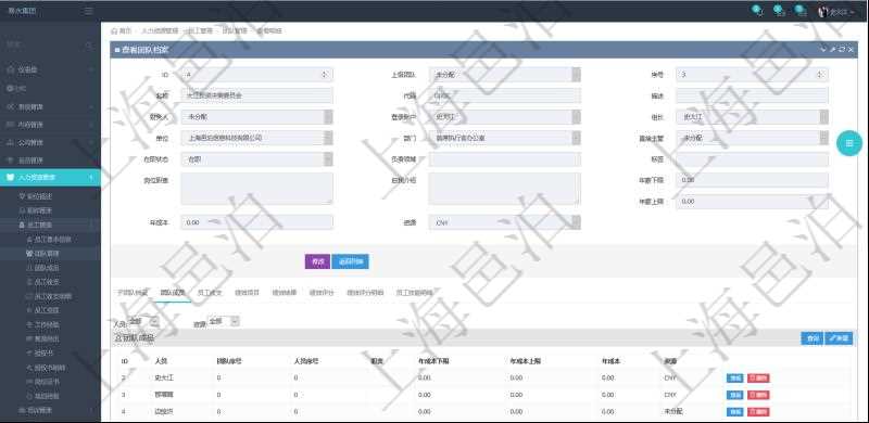 項目管理軟件人力資源管理系統(tǒng)可以通過團隊明細子頁面查詢得到該團隊的團隊成員信息，比如：人員姓名、團隊序號、人員序號、職責、年成本下限、年成本上限、年成本、貨幣單位資源。