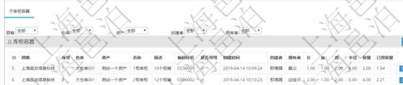 在項(xiàng)目管理軟件倉(cāng)儲(chǔ)物流管理系統(tǒng)中查詢(xún)庫(kù)柜容器明細(xì)信息的時(shí)候除了返回庫(kù)柜容器基本字段信息，還會(huì)返回關(guān)聯(lián)的子庫(kù)柜容器信息：序號(hào)、倉(cāng)庫(kù)、資產(chǎn)、名稱(chēng)、描述、編碼標(biāo)識(shí)、是否可用、創(chuàng)建時(shí)間、創(chuàng)建者、擁有者、長(zhǎng)、寬、高、半徑、容量、已用容量。
