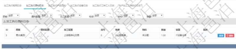 在項目管理軟件MES生產(chǎn)制造管理系統(tǒng)查詢加工執(zhí)行日志信息時，還返回了關(guān)聯(lián)的加工執(zhí)行原料日志：原料配置、加工配置、序號、物資、物料、數(shù)量、容器、描述。