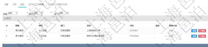 在項目管理軟件MES生產制造管理系統(tǒng)查看工廠信息時除了返回工廠信息，同時返回關聯(lián)的加工信息：單位、部門、名稱、代碼、描述、耗費小時。