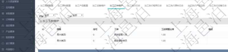 在項(xiàng)目管理軟件MES生產(chǎn)制造管理系統(tǒng)查詢加工明細(xì)信息時(shí)，還返回了關(guān)聯(lián)的加工工種維護(hù)：序號、工種、工時(shí)調(diào)整比率、描述。