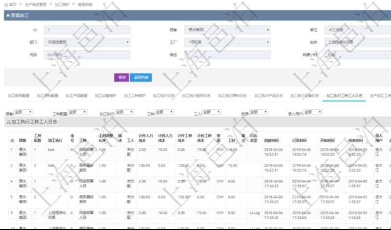 在項(xiàng)目管理軟件MES生產(chǎn)制造管理系統(tǒng)查詢加工明細(xì)信息時(shí)，還返回了關(guān)聯(lián)的加工執(zhí)行工種工人日志：工種配置、加工執(zhí)行、序號(hào)、工種、工時(shí)調(diào)整比率、描述、工人、計(jì)件人力成本、計(jì)時(shí)人力成本、計(jì)件工種成本、計(jì)時(shí)工種成本、資源、貨幣單位、工時(shí)、備注、日志類型、創(chuàng)建時(shí)間、記錄時(shí)間、開始時(shí)間、結(jié)束時(shí)間、錄入用戶、總成本。